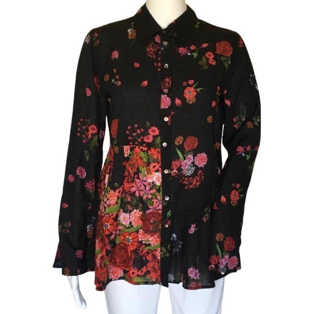 NWT Desigual Women's Stamped  Semi Sheer Shirt Flared Long Sleeves Sz S